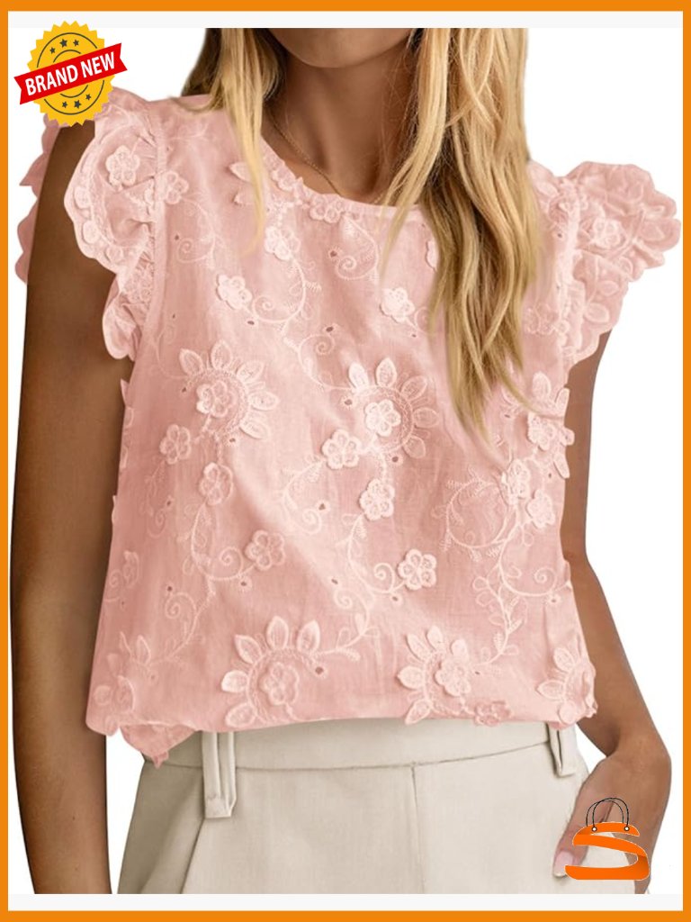 Dressy Casual Lace Ruffle Cap Sleeve Blouse Boho Eyelet Floral Embroidered Top